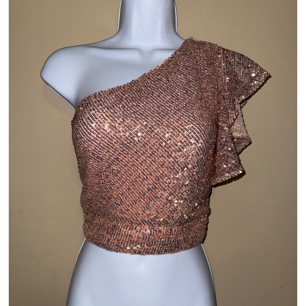 NBD NWT Revolve Rose Gold‎ Sequin One Shoulder Ruffle Crop Top S Glam Night-out